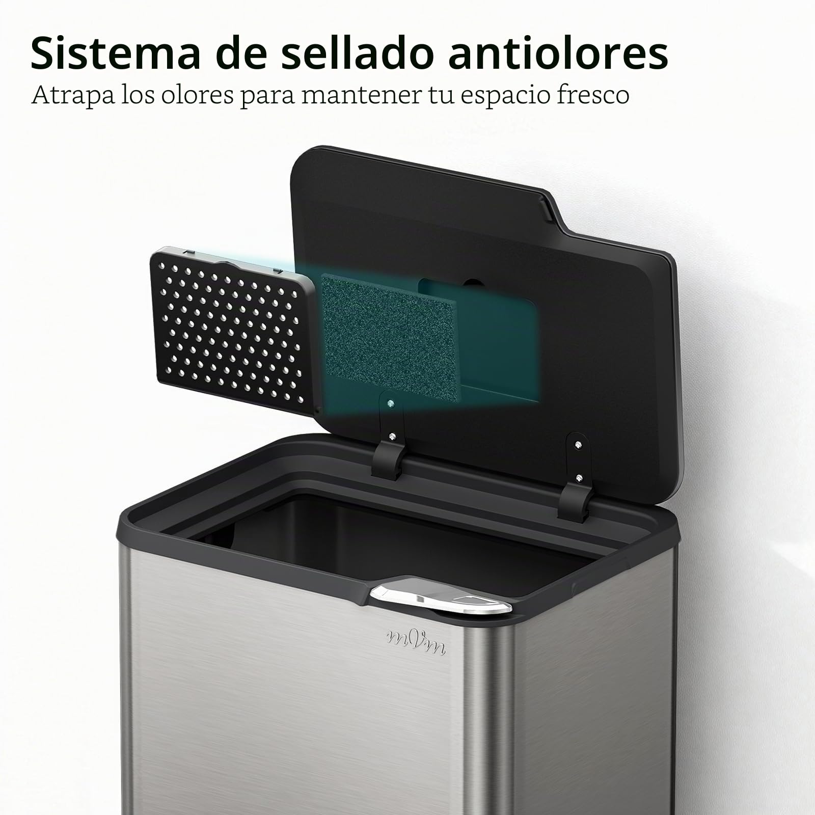 mVm Cubo de Basura con Presión Manual 60L, Acero Inoxidable Antihuellas con Soporte Desmontable, Tapa Amortiguada y Cubo Interior Extraíble