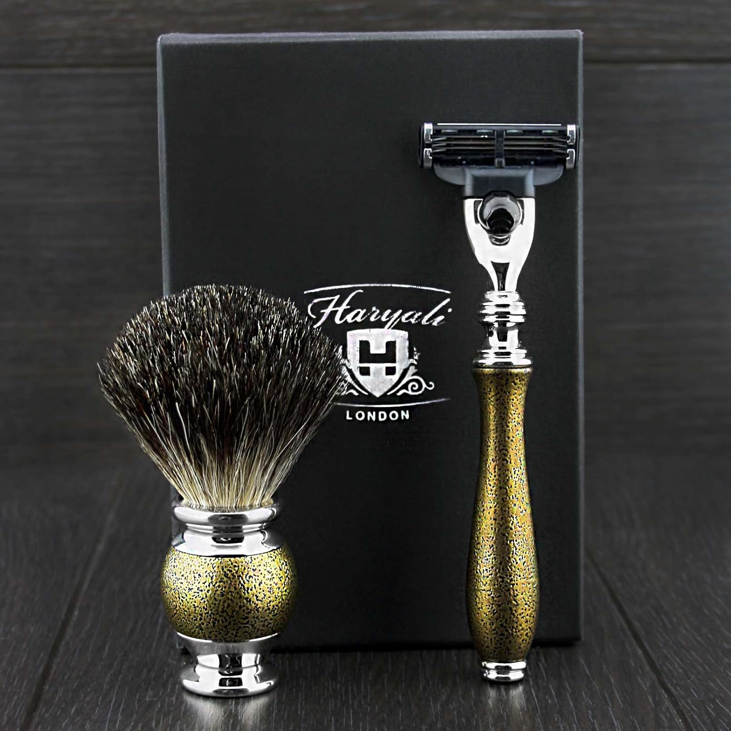 Mens Grooming & Shaving Kit 3 Edge Razor With Black Badger Hair Brush Perfect Set For Men