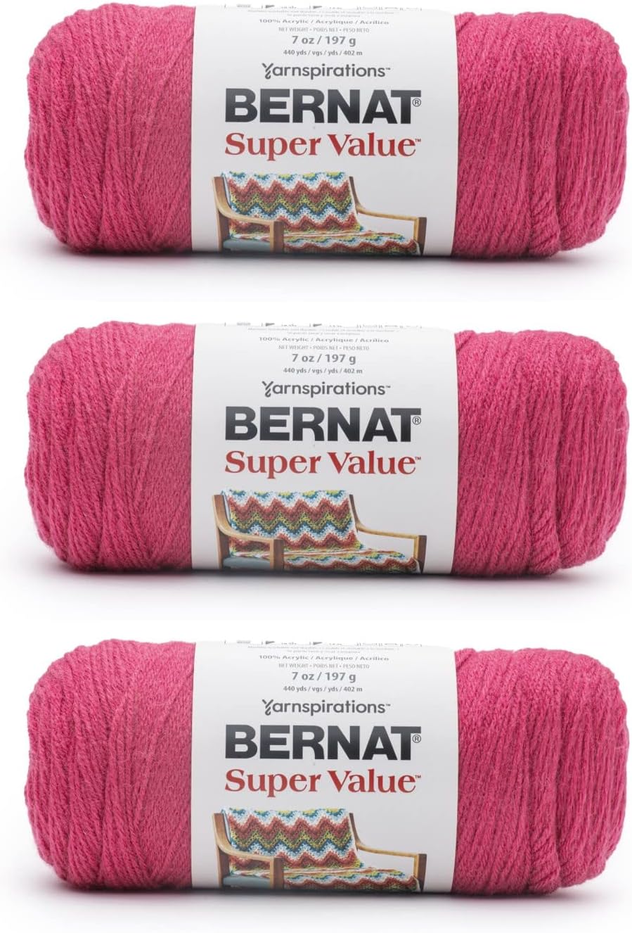 Bernat Super Value Tulip Pink Yarn - 3 Pack of 198g/7oz - Acrylic - 4 Medium (Worsted) - Knitting/Crochet
