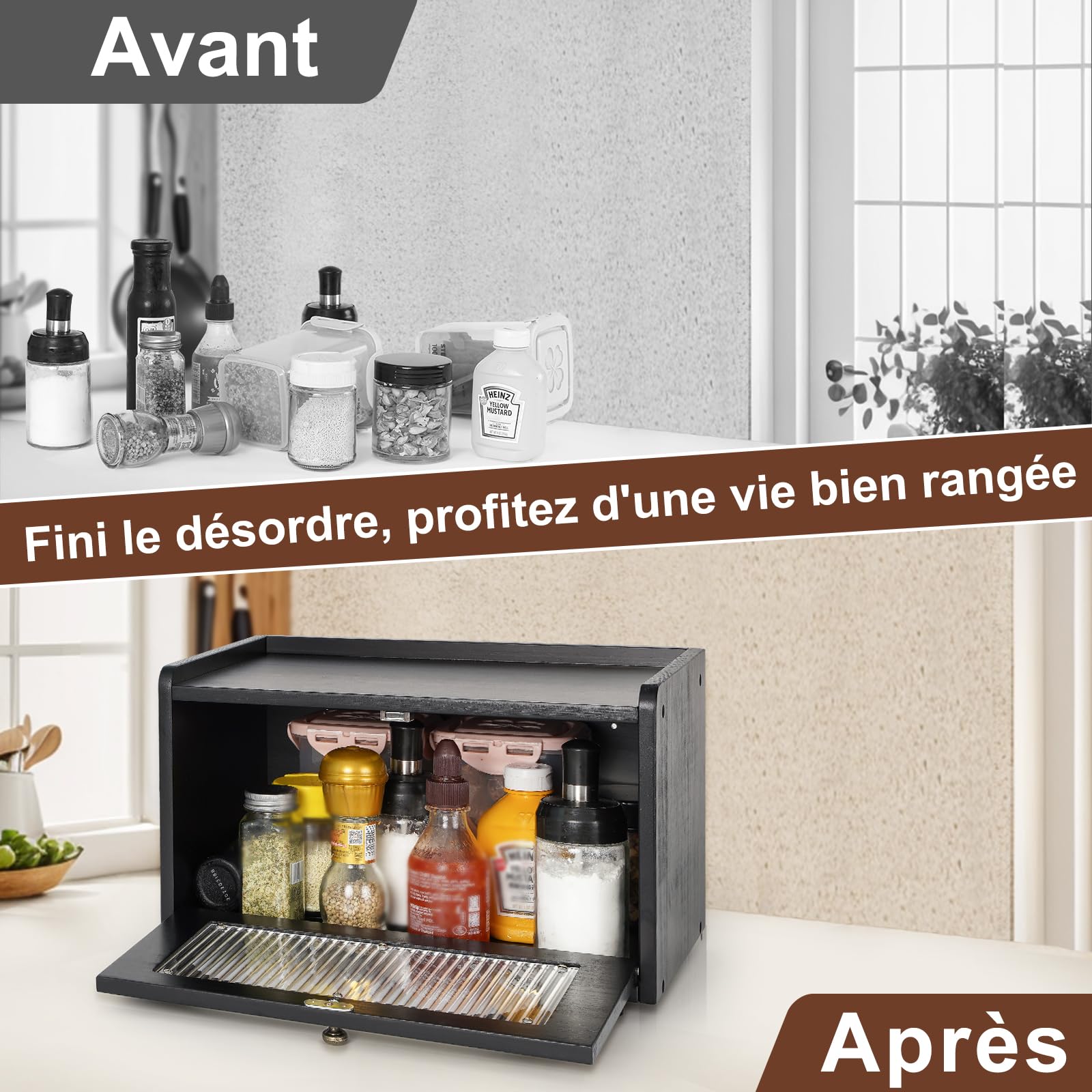 GUUSII HOME Boite a Pain Boîte à Pain de Mie Bois Huche à Pain Vintage Rangement Cuisine Countertop Conteneur de Stockage de Pain avec Porte Magnétique Fenêtre Acrylique 36.5x23.5x22cm (Gris)