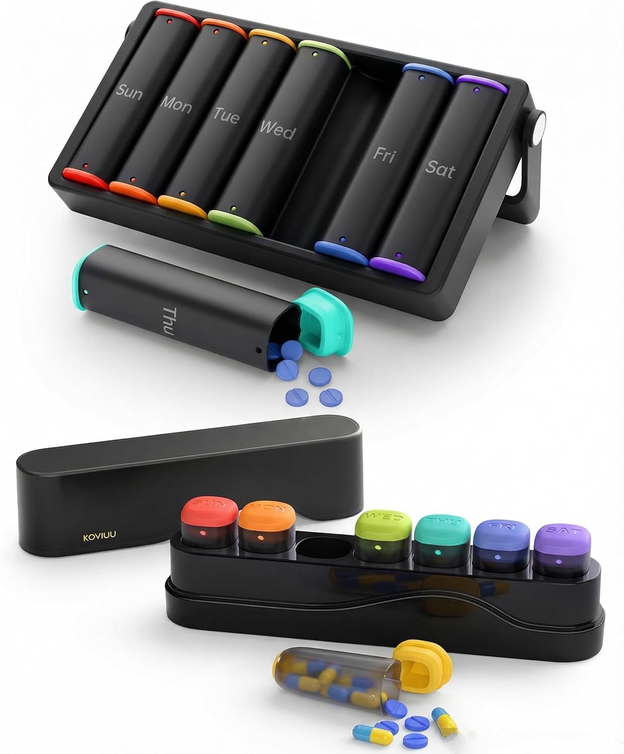 Weekly Pill Organizer 2 Times a Day(Black) and Weekly Pill Organizer 1 Time a Day(Black)