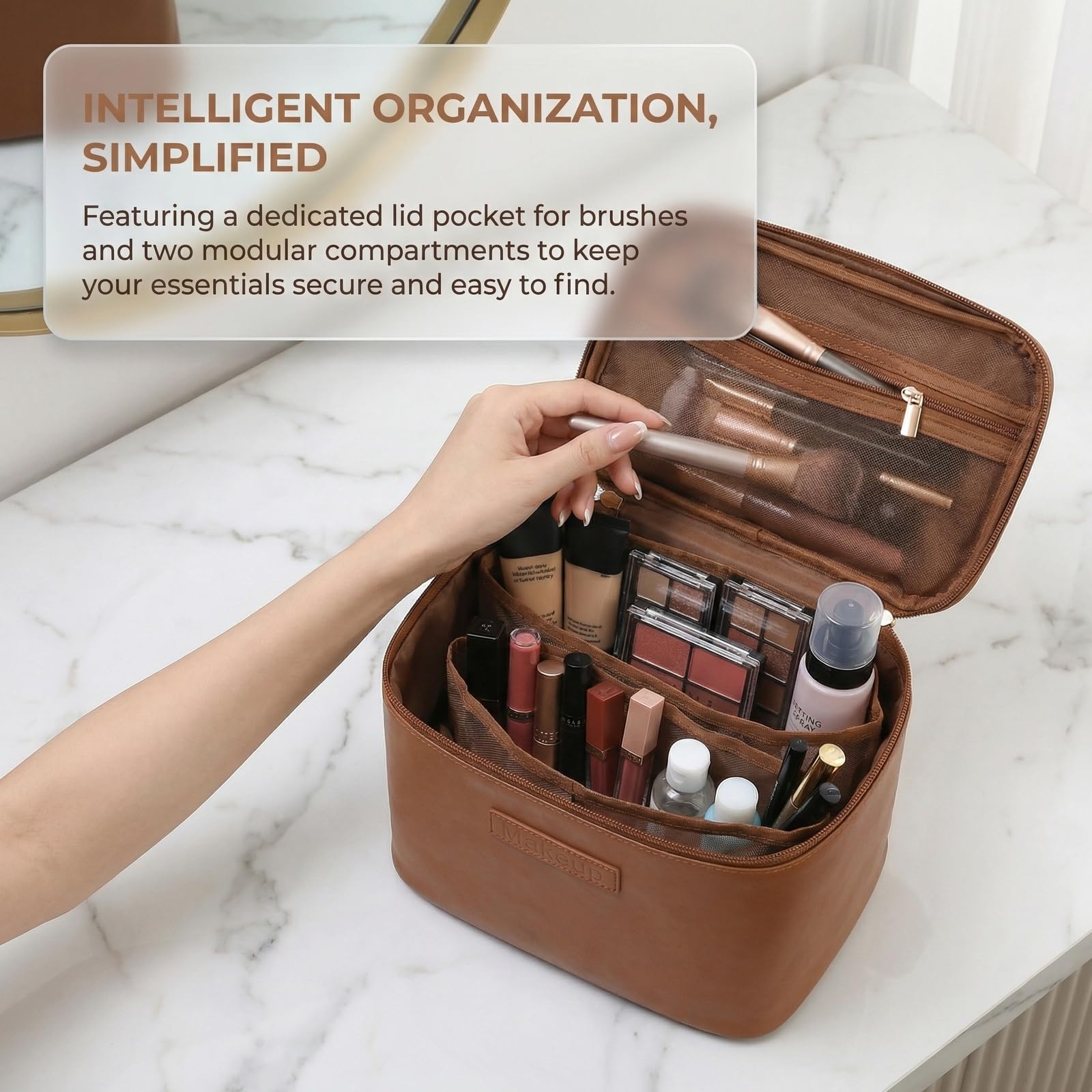 Nivofu Beauty Case Donna, Porta Trucchi Impermeabile in Pelle PU, Trousse Trucchi con Manico e Divisore Rimovibile, Beauty Case da Viaggio di Grande Capacità per Donne e Ragazze, Marrone
