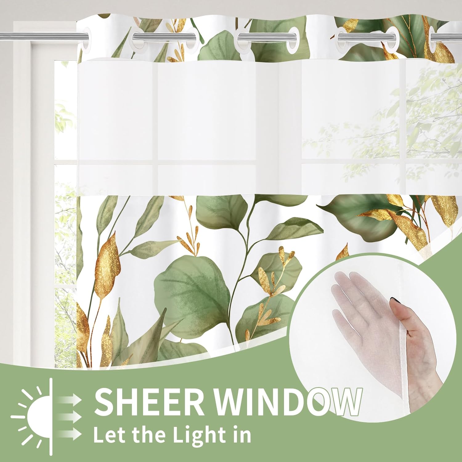 Litabel No Hooks Green Gold Plant Leaves Shower Curtain Set with Snap-in Liner, Hotel Tropical Floral Art Printed Double Layer Fabric, Modern Style with See Through Window Bathroom Decor 72 x 74