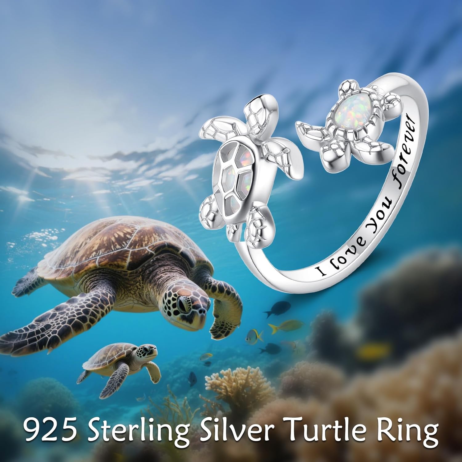 Sea Turtle Ring 925 Sterling Silver Opal Turtle Adjustable Ring Ocean Jewelry Gift for Women