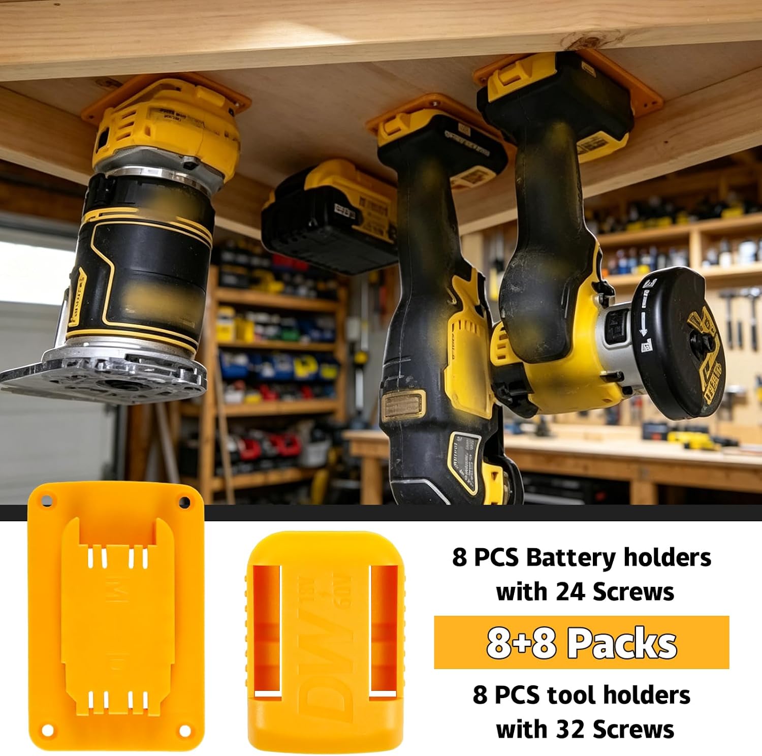 Tool Holders Battery Holders Set,8 Pack Battery Mount Hanger + 8 Pack Tool Holder with Screws,Mount Hanger Storage Rack Compatible with DeWalt 20V Batteries
