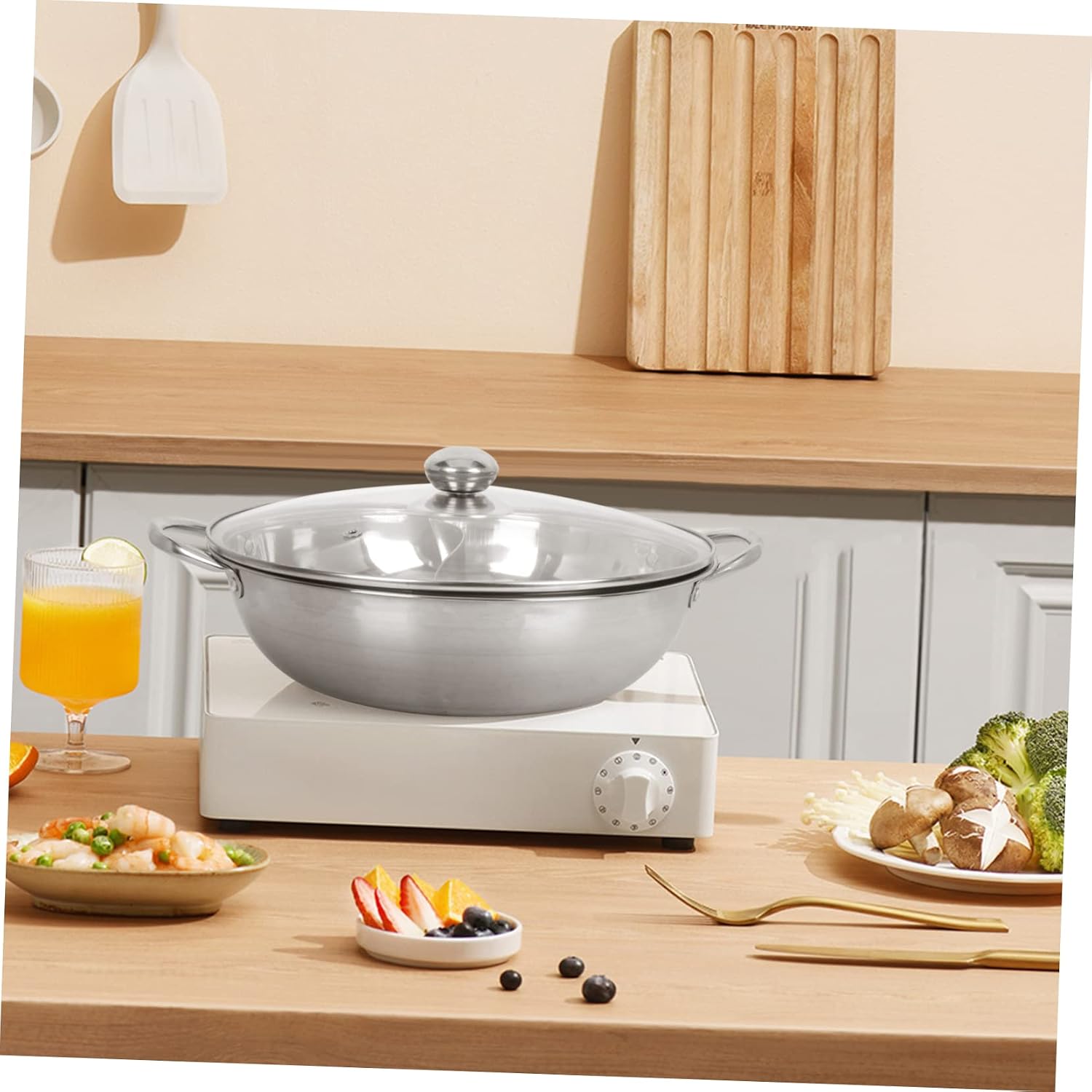 Stainless Steel Double Flavor Fondue Pot Dual Compartment Hot Pot Lid Style