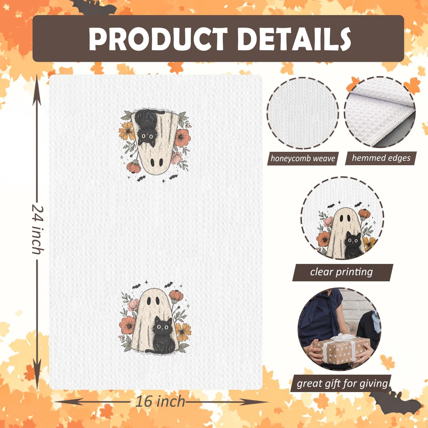 Floral Halloween Black Cat Kitchen Towels, for Women Dish Tea Towels for Kitchen Decor, Cute Ghost Black Cat Wildflower Decorative Hand Towel for Bathroom, 16x24 Inches image 2