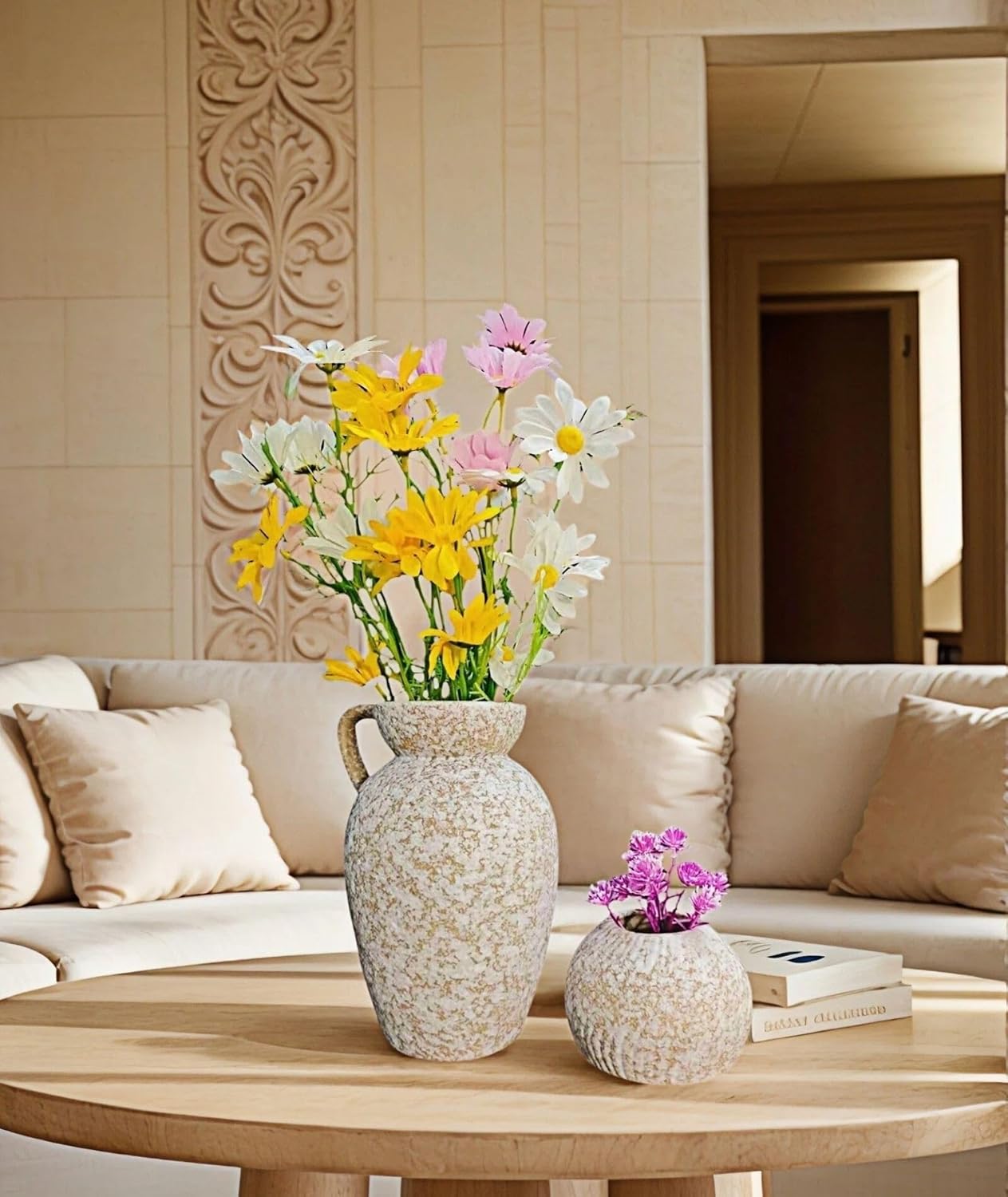 Medieval Minimalist Romantic Style Vase Set of 3，Ceramic Flower Vases Decor for Home Table Shelf Living Room Bed Room Kitchen Office Gift-Beige