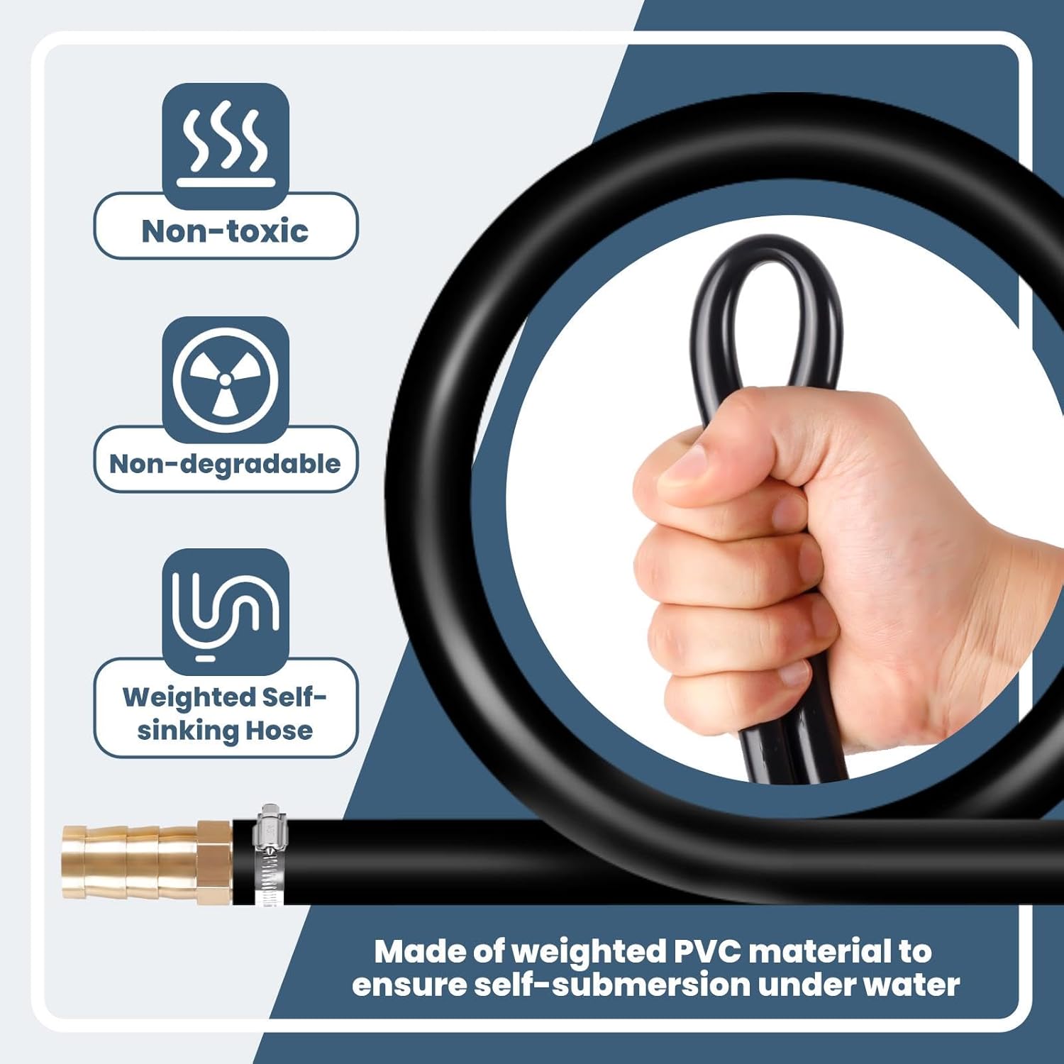 125FT 15LBS Self Sinking Pond Hose, 4 Stainless Steel Clamps & 4 Menders, Heavy Duty No Kink Pond Aeration, Pond Aeration Tubing for Aerating Fountain Irrigation Aquaculture