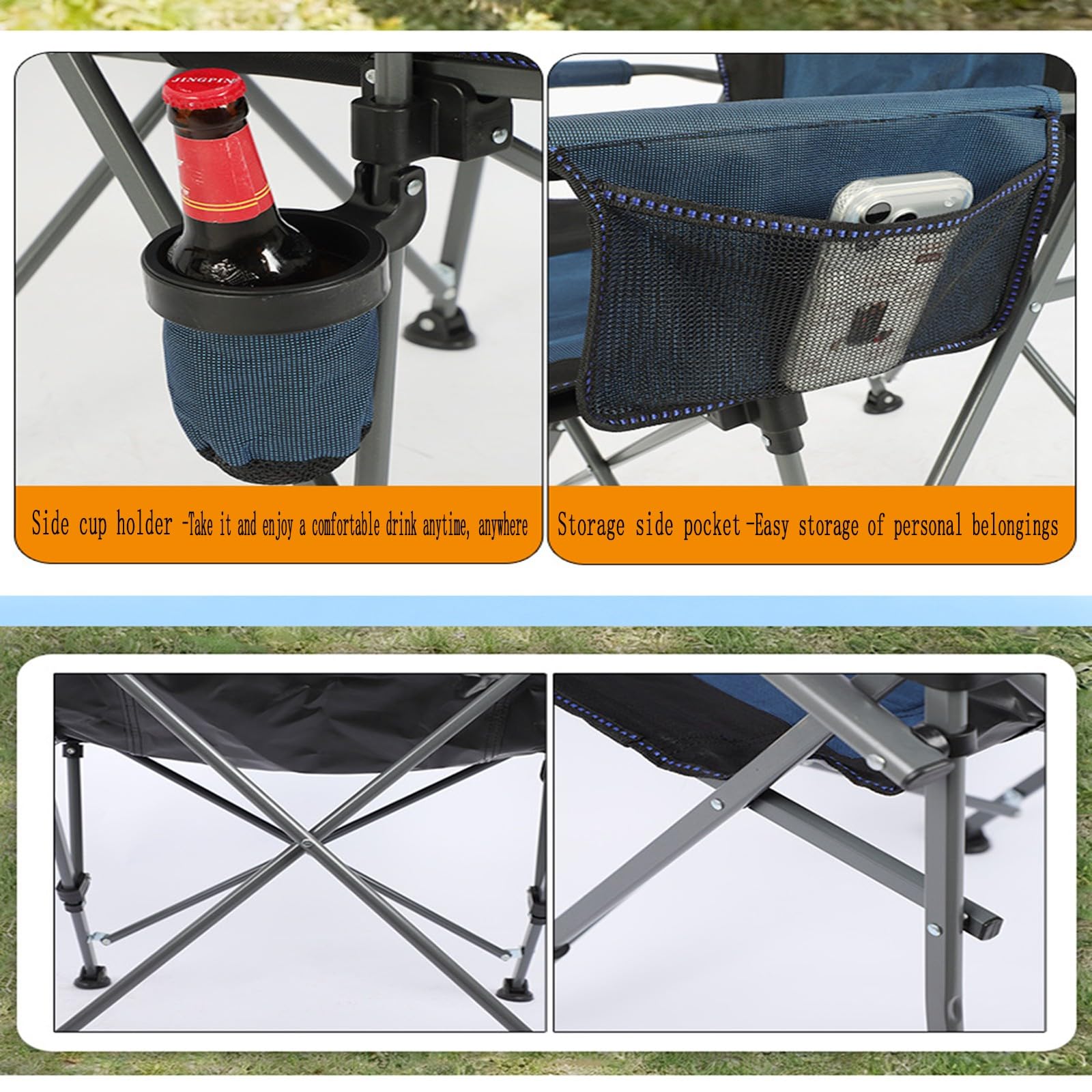 Chaise de Camping Pliable Surdimensionnée Portable avec Porte Gobelets et Accoudoirs Cadre Stable pour Extérieur Intérieur Camping Pêche Couleur Noir Gris B