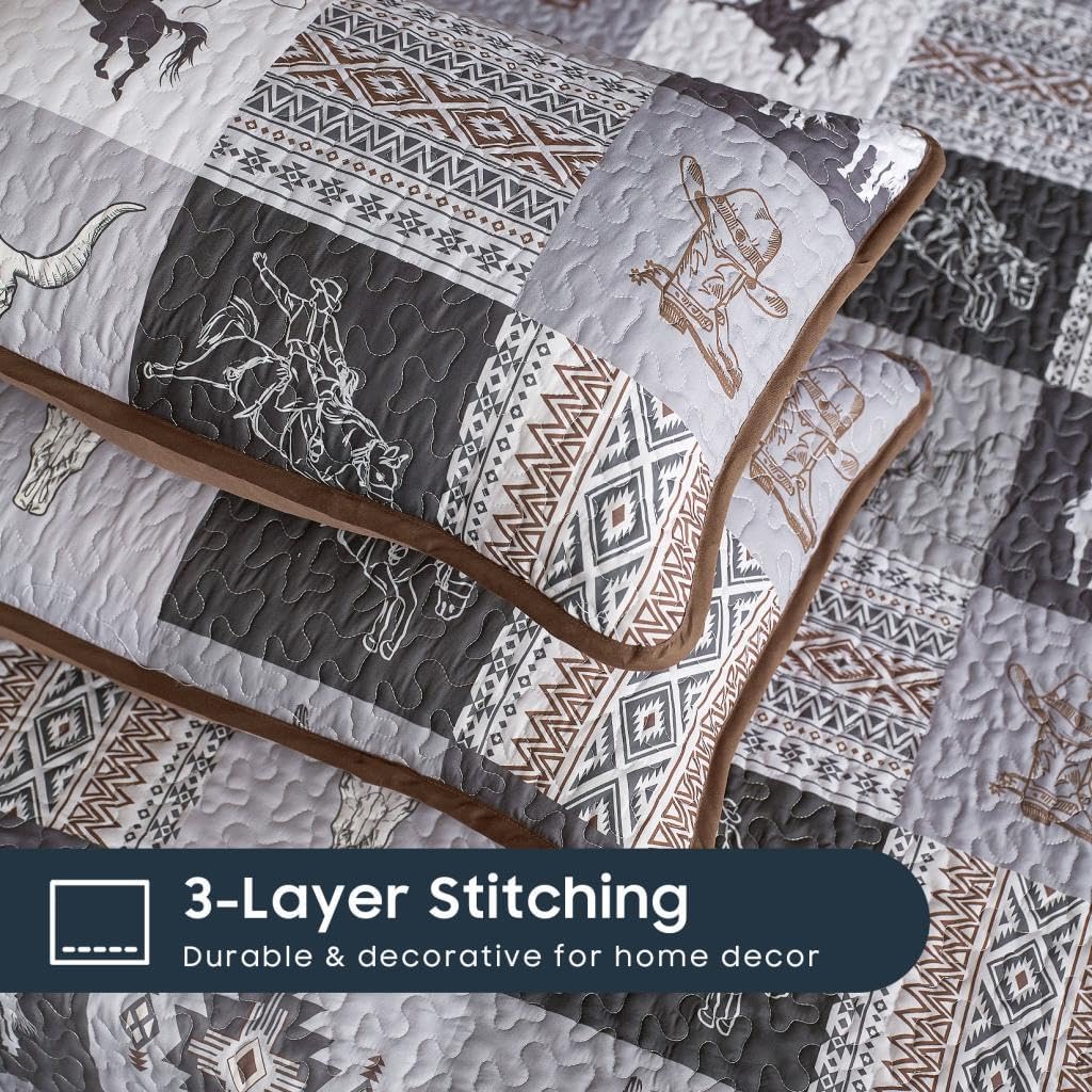 Wake In Cloud - Western Quilt Set, Southwestern Aztec Country Horse Cowboy Rustic Ranch Pattern Printed, Reversible Lightweight Bedspread Coverlet, 3 Pieces, Gray Brown, King Size - Image 6