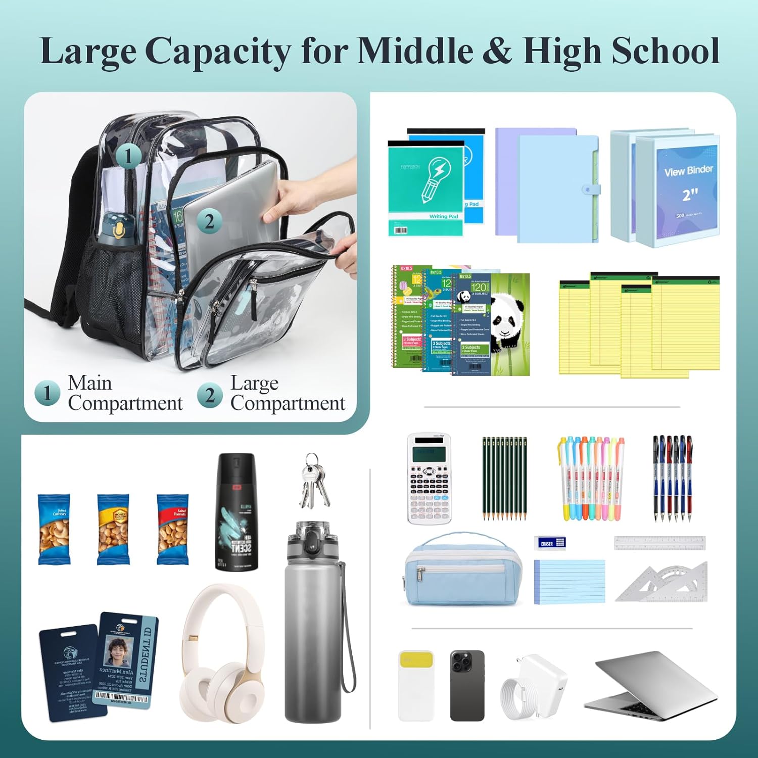 PACKISM Clear Backpack for School - 18 Inch Extra Large Heavy Duty Clear Bookbag for Boys, See Through PVC Transparent School Backpack with 2 Large Front Pockets, Black (Age 12+) - Image 4