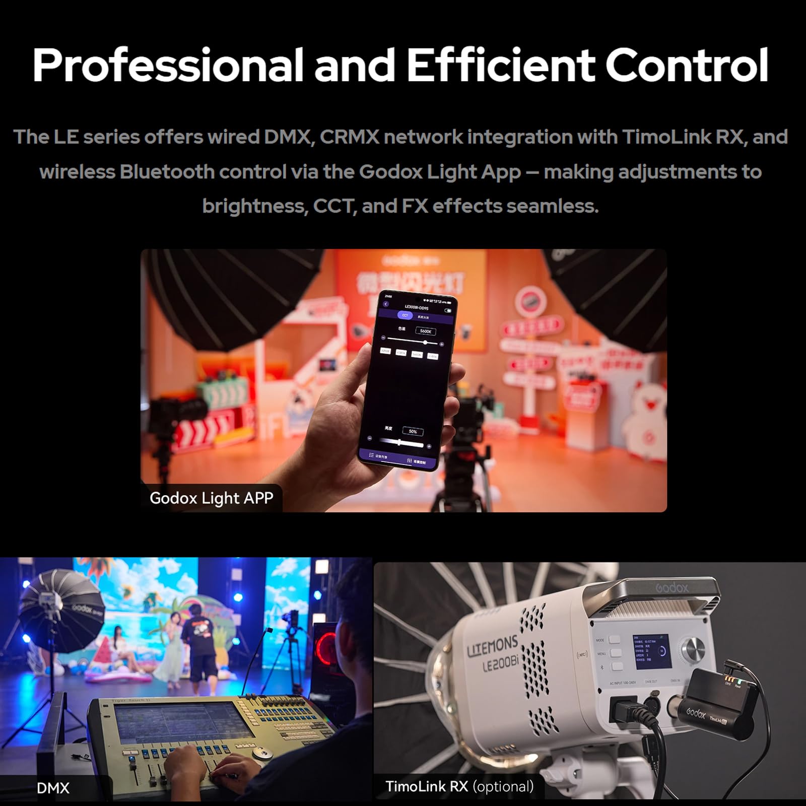 GODOX LITEMONS LE300Bi - Luz LED de video de 320 W, bicolor, 2800 K-6500 K, montaje Bowens 58900 lux @ 5600 K, 1 m soporta control de aplicación, NFC, DMX, CRMX (negro)