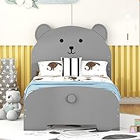 Vista 10 de Quarte Cama de suelo de madera de tamaño individual con cabecera en forma de casa, marco de cama de plataforma de madera para dormitorio,