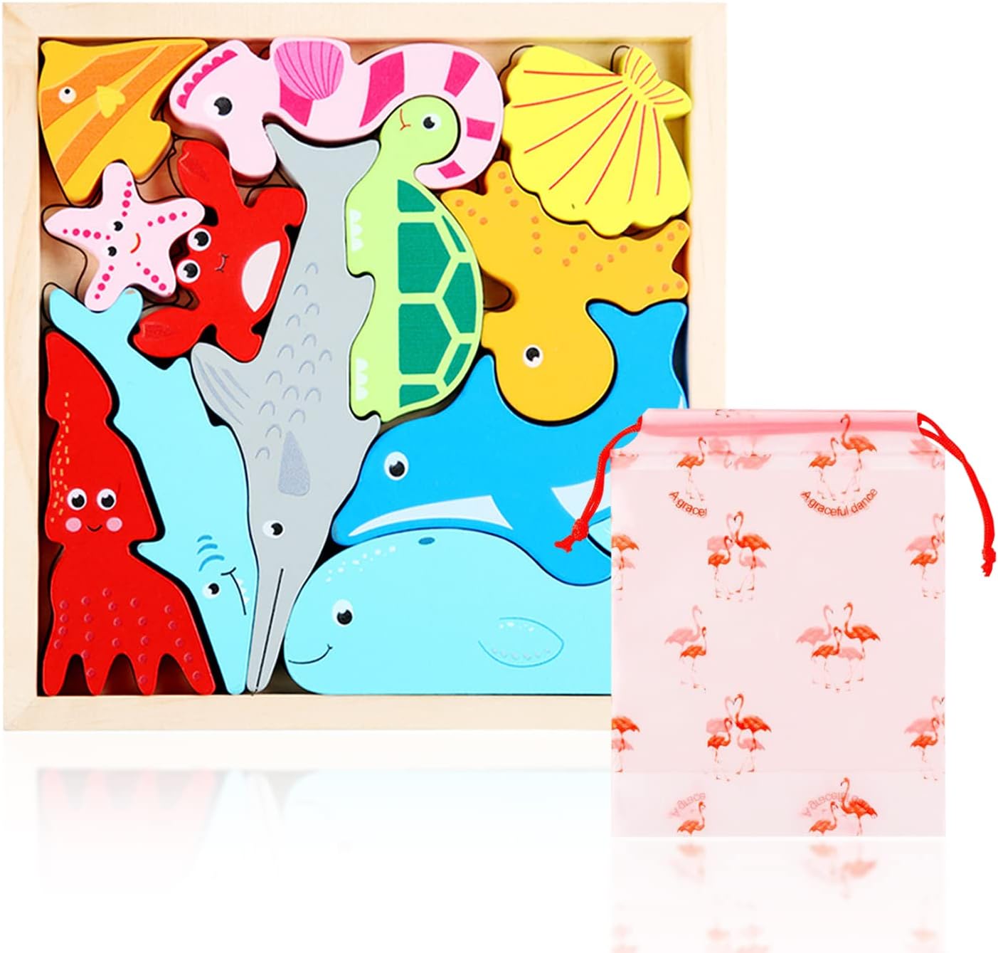 1 Juego de Rompecabezas de Bloques de construcción de Animales Marinos, con 1 Bolsa con cordón, Tablero de Rompecabezas de Forma, Rompecabezas de Animales de Color, Regalo de Juguete de Aprendizaje