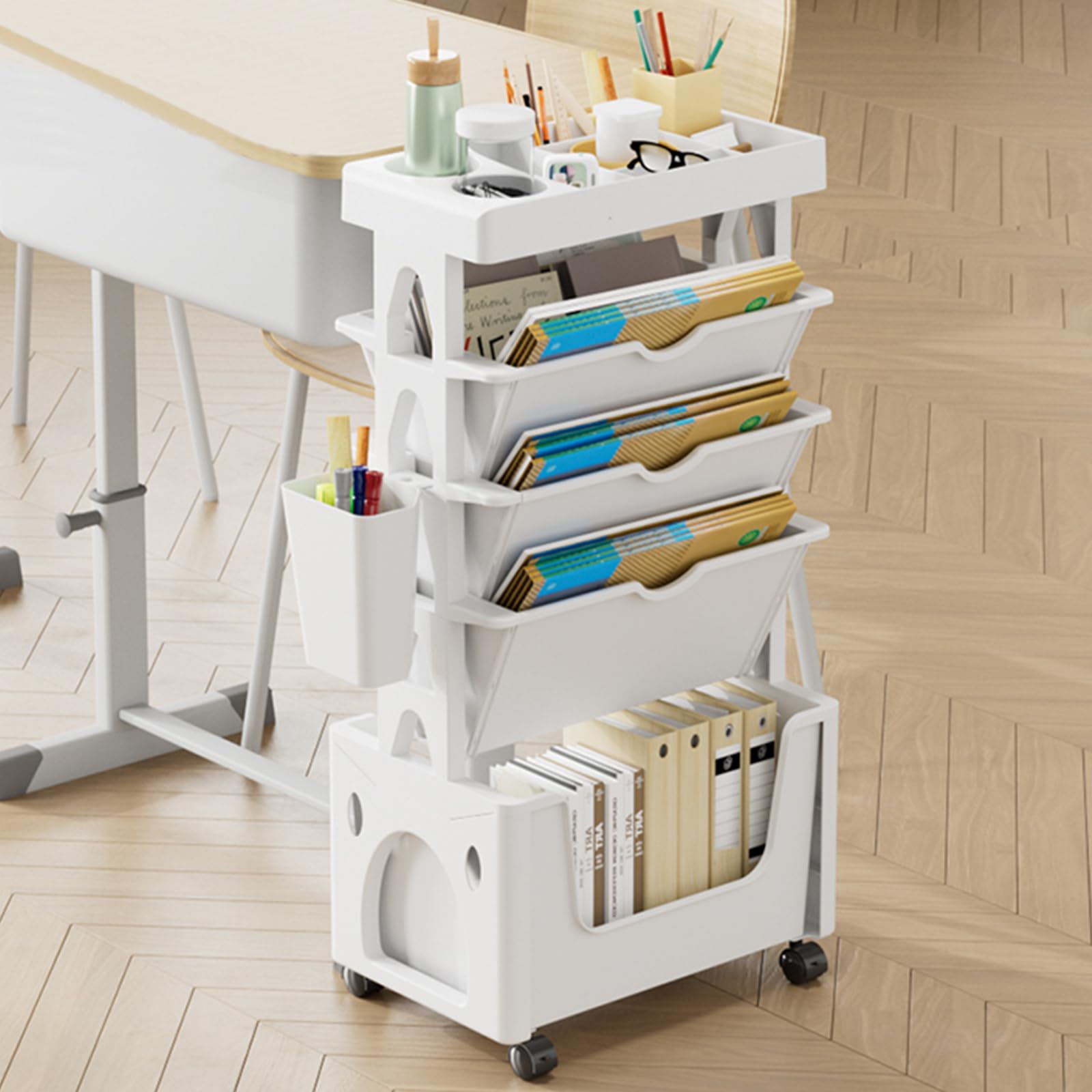 Mobiles Bücherregal mit Rollen, Beweglicher Bücherregalwagen, 5 stufiger Rollwagen mit Rädern, Herausziehbarer Rollwagenfür Büro Küche Schlafzimmer Badezimmer (Weiß), TTJ0698
