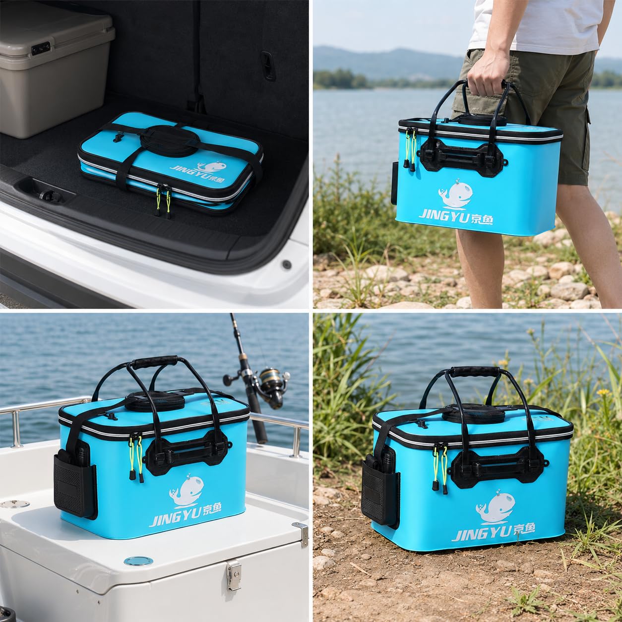 Récipient Pêche Pliable en EVA Revêtement Anti-Fuite Poignées Confortables pour l'Utilisation comme Seau à Poisson Boîte Pêche Lors s Sorties, Bleu Clair, 40 * 25 * 24cm