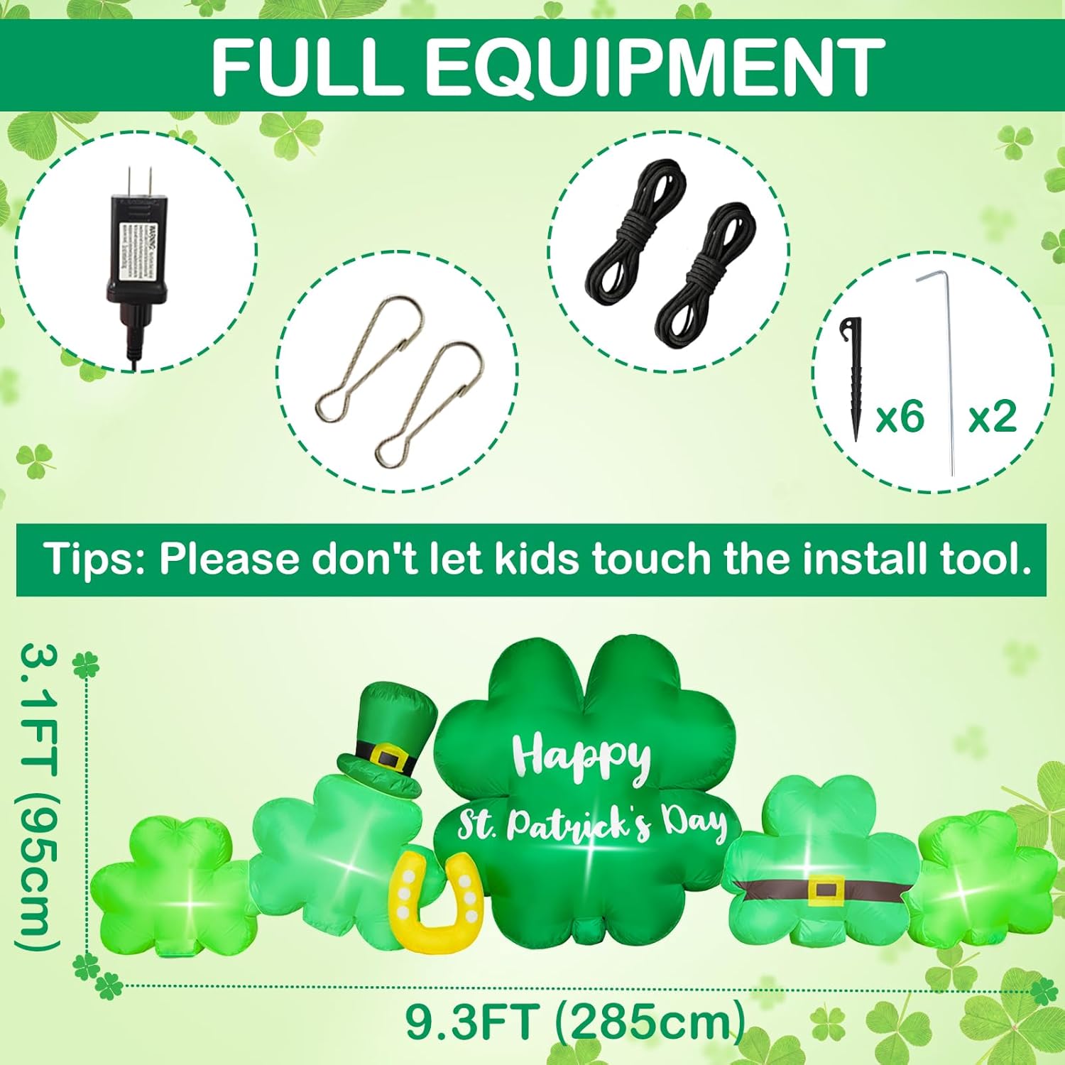 9.3FT St Patricks Day Inflatables Outdoor Decorations Shamrocks Clover Blow Up Inflatable Yard Decorations with LED Lights Spring St. Patrick's Green Outside Holiday Party Garden Lawn Decor