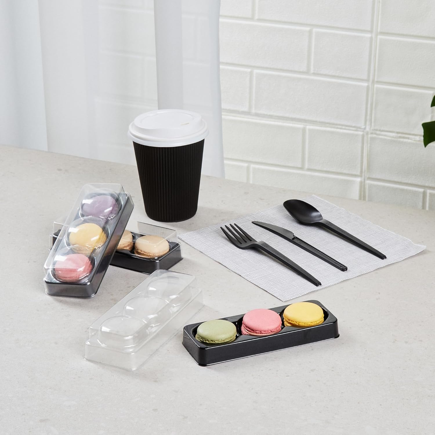 Restaurantware Shock Safe 5.7 x 2.2 x 1.4 Inch Macaron Take Out Boxes 100 Durable Display Boxes - Fits 3 Macarons Disposable Black PET Plastic Macaron Boxes Shockproof Clear Lid And Cover