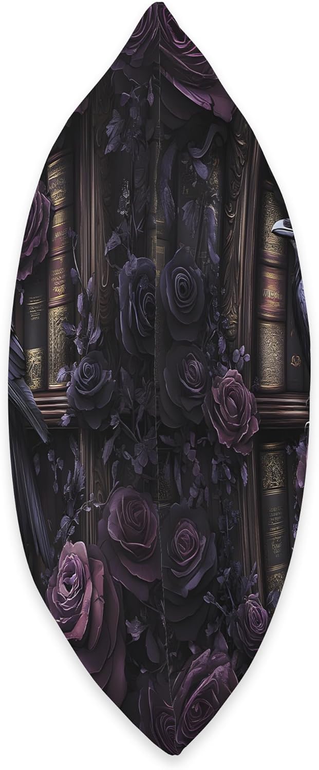 Dark Gothic Bookshelf with Raven and Moody Purple Roses Throw Pillow