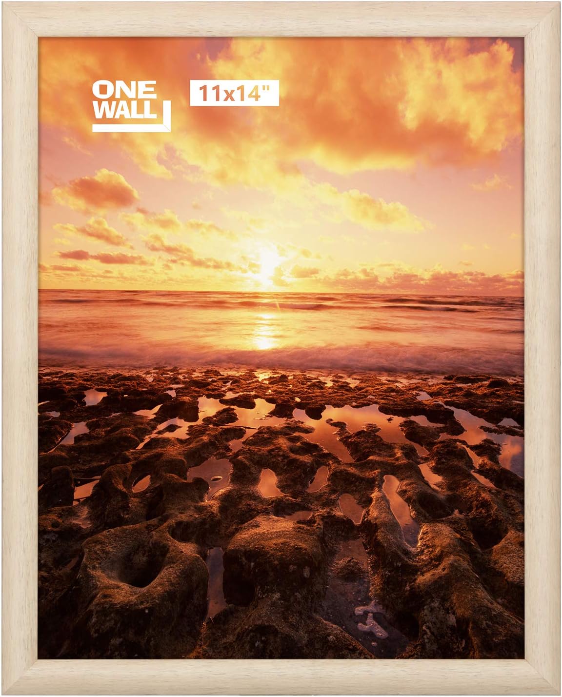 ONE WALL Tempered Glass 11x14 Picture Frame for 11x14 Photo, Ivory Foil Stamping Solid Pine Wood Frame for Wall Hanging and Tabletop Display - Mounting Material Included
