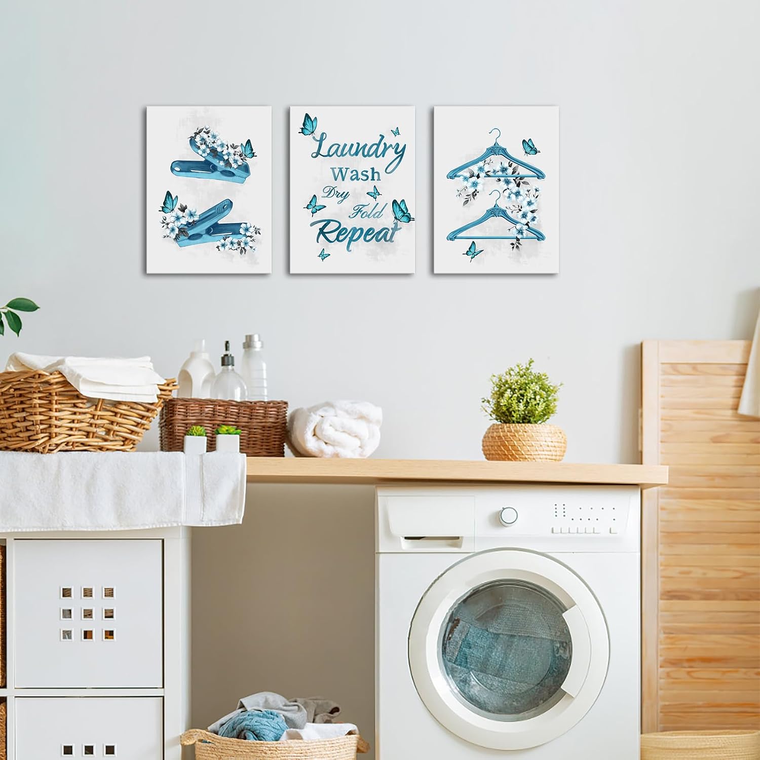 OuElegent Laundry Room Wall Art Teal Grey 3 Piece Canvas Prints Butterfly Design 12 x 16 Inches Each, Modern Farmhouse Decor Gallery Wrapped