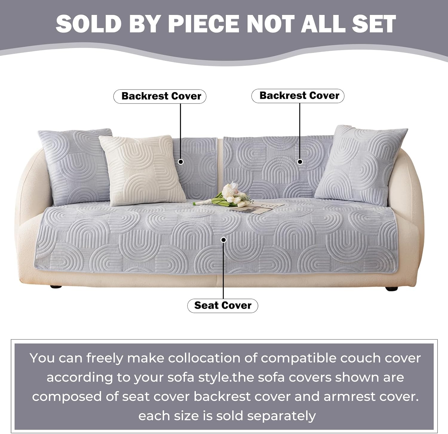 Soft Plush Geometric Quilted Couch Sofa Cover Boho Non Slip Fuzzy Sectional Couch Cover Solid Color Washable Sofa Slipcover Furniture Protector for Kids Dogs Cats (Gray,36"x102")