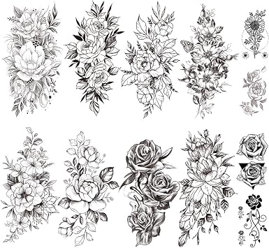 Yesallwas 12 Sheets Black Flower Tattoo Sleeves Temporary Tattoo Water Transfer Tattoo Sticker Peony Rose Tattoos Tattoo Girl Sexy Arm Tatto Body Art  B
