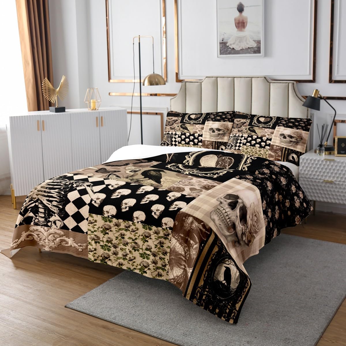 Boho Skeleton Bedspread Queen Size,Gothic Crow Moth Pattern Bedding Set,Black Brown Grid Patchwork Comforter Set for Kids Teens Girls Boys Room Decor,Vintage Hippie Style Quilt Coverlet 3Pcs