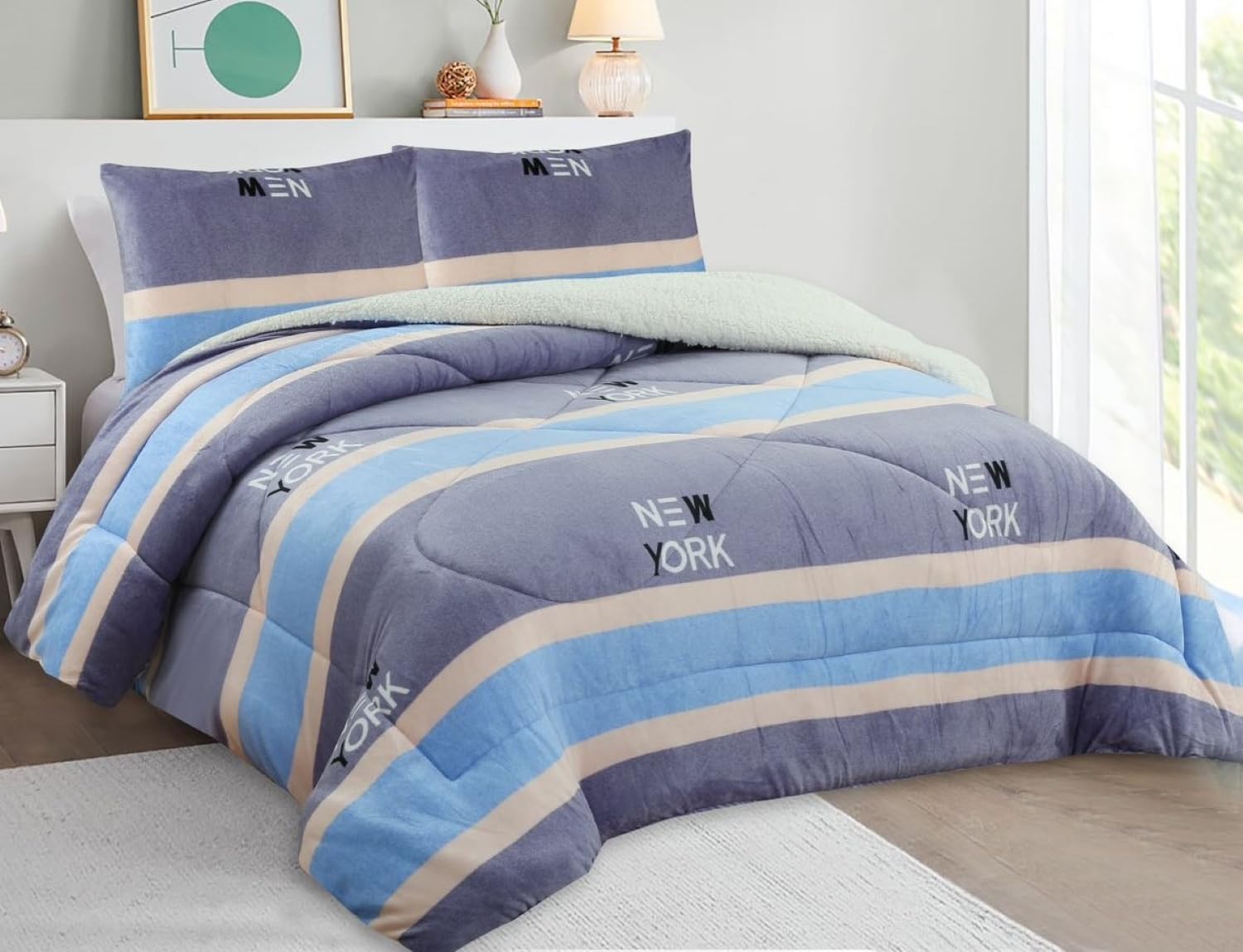 HaraDeco Manta para Cama Matrimonio 135/140/150 con Una Funda Almohada, de Borrego Terciopelo Gruesa de Gran Volumen y Abriga para Tiempo Fría(Newyork, 230x250cm)