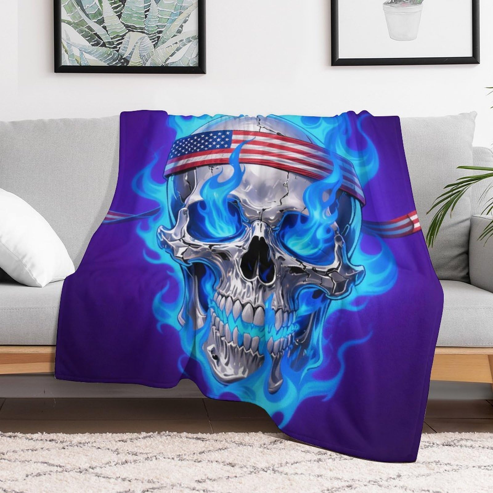 Custom Fire USA Flag Skull Blanket Lightweight Flannel Fleece Throw for Couch Sofa Bed Luxury Soft Cozy Plush Lap Bedtime Blanket for All Seasons Bedroom Home Decor Gifts 50x60