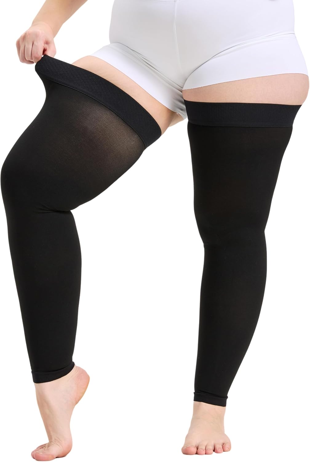 Plus Size 5XL Thigh High Compression Stockings Footless- 15-20mmHg Moderate Full Leg Support Hoses with Unisex Reinforced Silicone Top Band, Breathable Fabric in Black for Nurses & Extended Standing