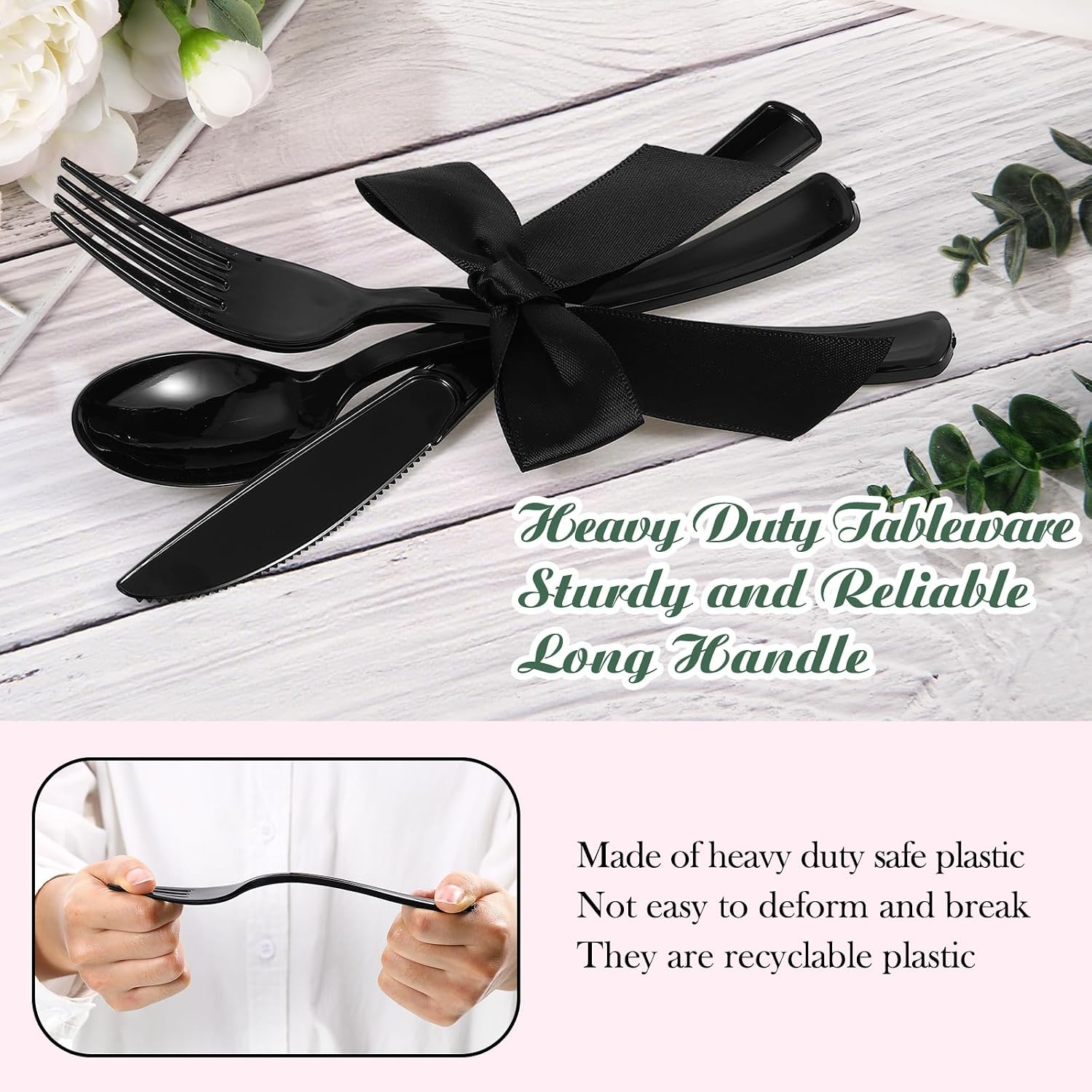 Minatee 25 Sets Black Plastic Cutlery Set with Twist Tie Bows, Heavy Duty Tableware Disposable Forks Knives Spoons Silverware Utensils Set for Coquette Birthday Bow Party Table Setting Picnics image 3