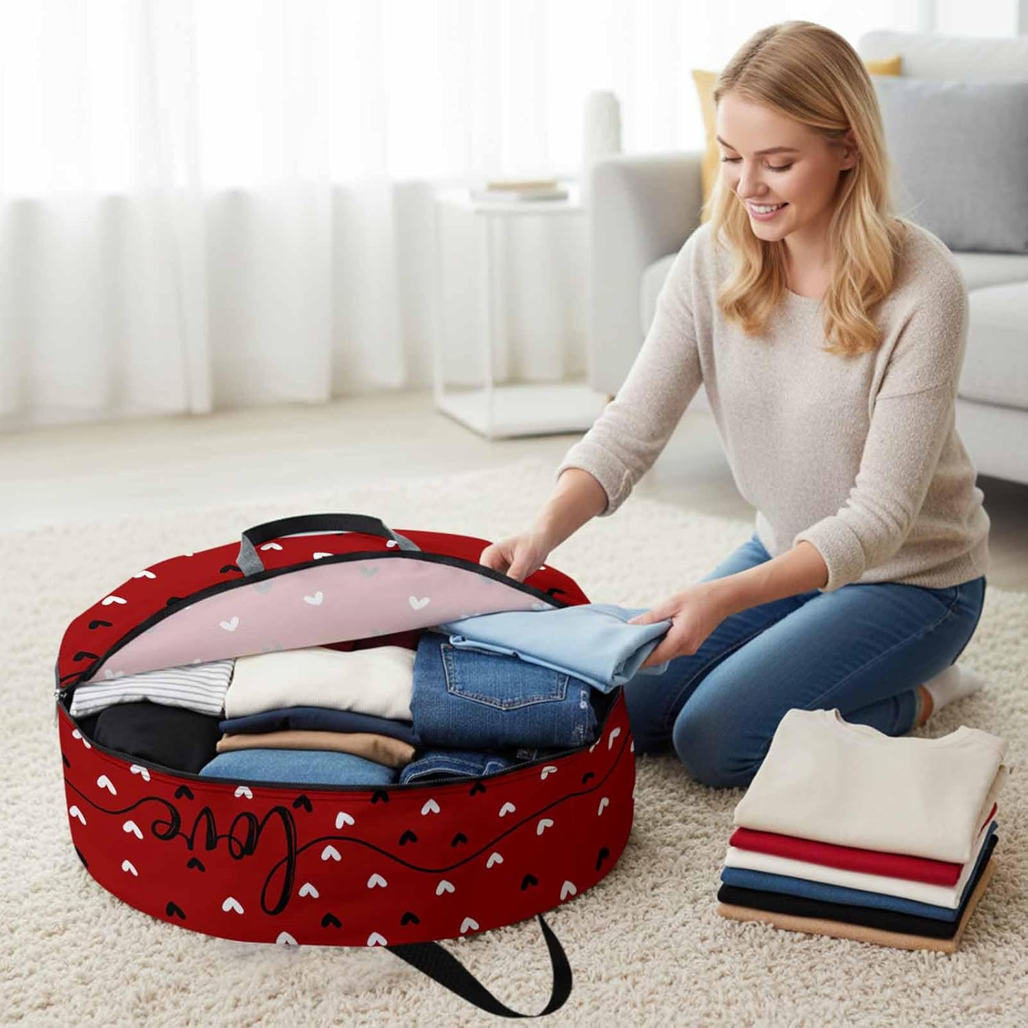 Black White Round Storage Bag 36 Inch, Love Heart Valentines Red Clothes Storage Container with Handles Heavy Duty Organizer for Comforter, Bedding & Holiday Wreaths
