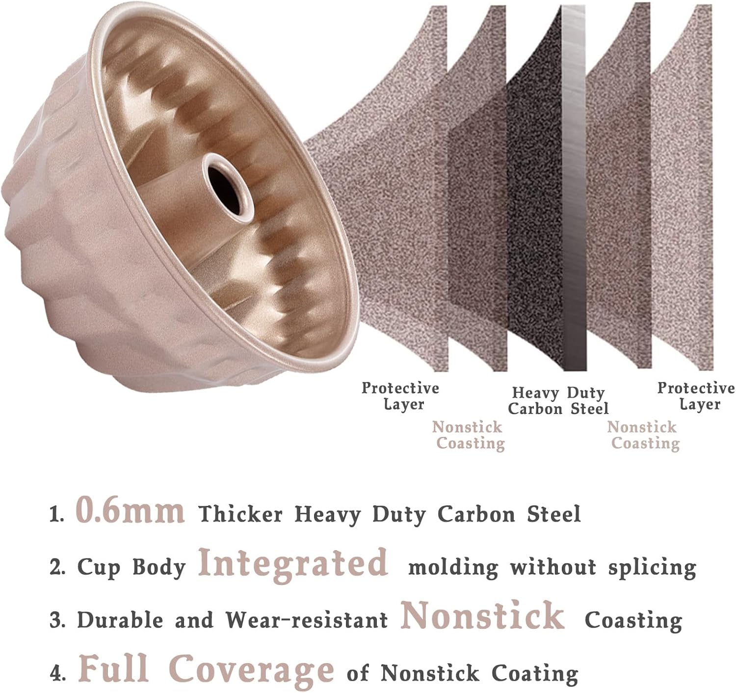 4-Inch Mini Buntz Cake Pan Set, 6Pcs Nonstick Fluted Tube Pan, Small Kugelhopf Baking Cup, Carbon Steel Round Cake Mold,Tube Bakeware for Oven Baking for Making Jello,Chocoflan,Flan (Gold) - Image 6