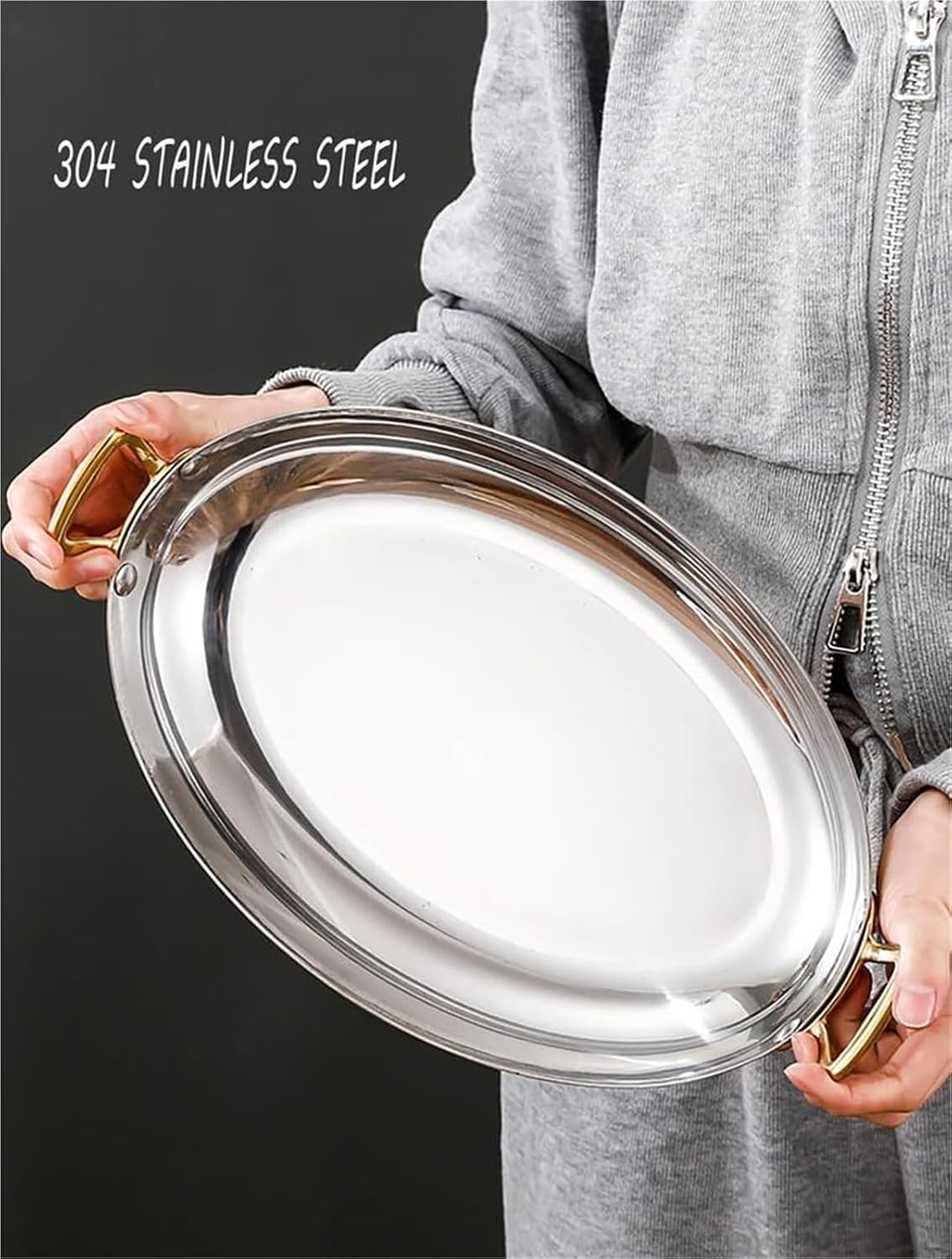Tophacker Oval Spanish Paella Pan Stainless Steel Spanish Paella Pan,Cooking Skillet Cookware with Dual Handle Spanish Seafood Lobster Plate for Home Cooking Cookware Kitchen