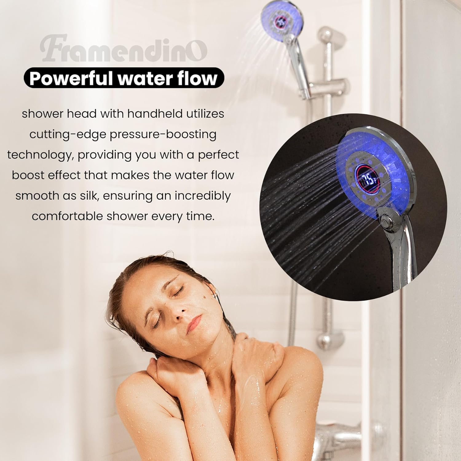 Framendino, LED Shower Head Color Changing with 3 Spray Modes Water Saving Temperature Display