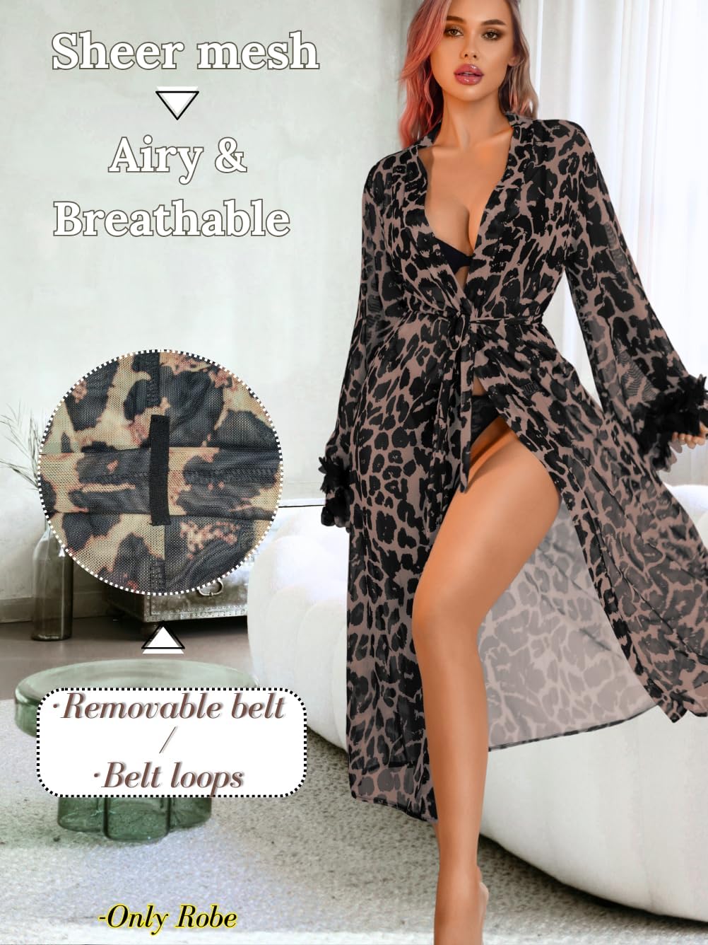 Women's Sexy Leopard Long Robe, Tiered Ruffle Sheer Mesh Kimono Dressing Gown Boudoir Shoot - Image 2