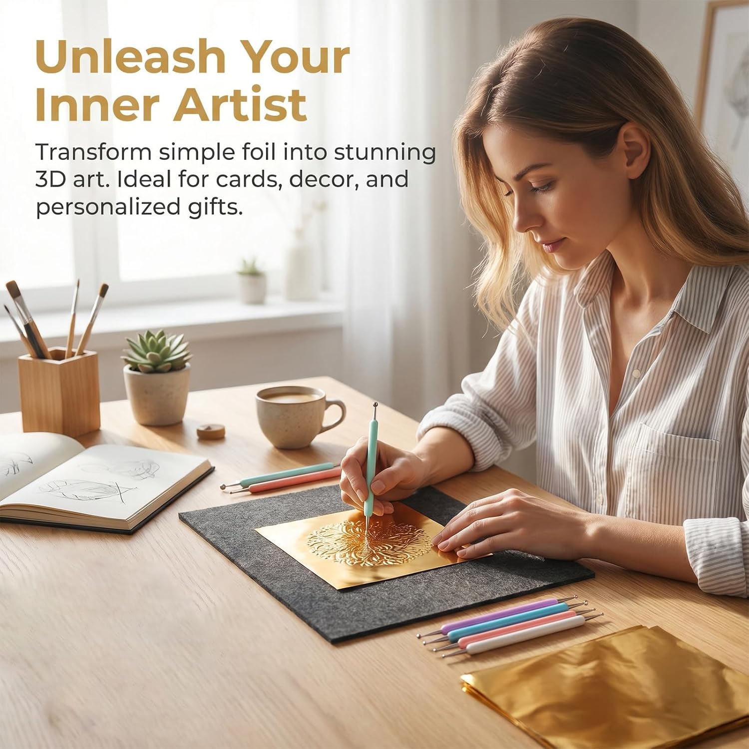 SOLUSTRE Gold Embossing Foil Sheets DIY Art Project Tool Set with Aluminum Metal Foil 5 Embossing and Engraving Tools Felt Mat Included and Craft Painting
