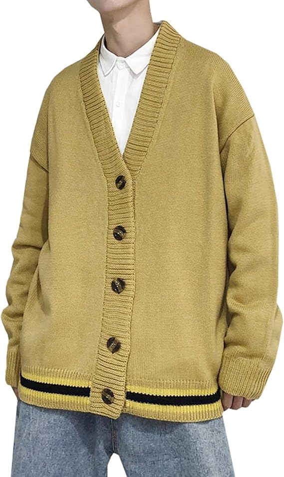 Amazon スクールカーディガン メンズ 無地 Vネック 秋冬 羽織り 暖かい 防寒 ニットセーター 大きいサイズ ゆったり ストレッチ 日系 かっこいい 着回し 通勤 通学 お出かけ イエロー ブラック M 2xl カーディガン 通販