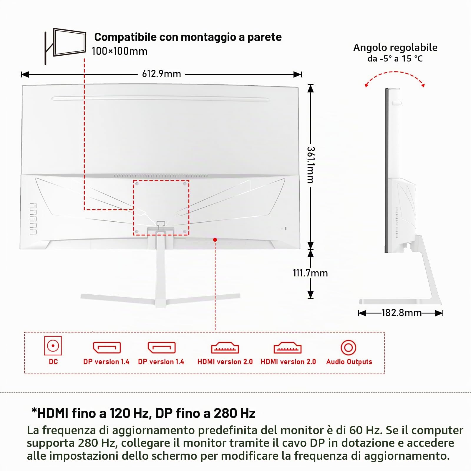 Gawfolk Monitor per PC da 27 pollici, curvo 280 Hz, 1800 R,1 m, FHD 1080p, 178 °, grandangolo, ultra sottile, HDMI、DisplayPort, compatibile con montaggio a parete 100 x 100 mm, bianco