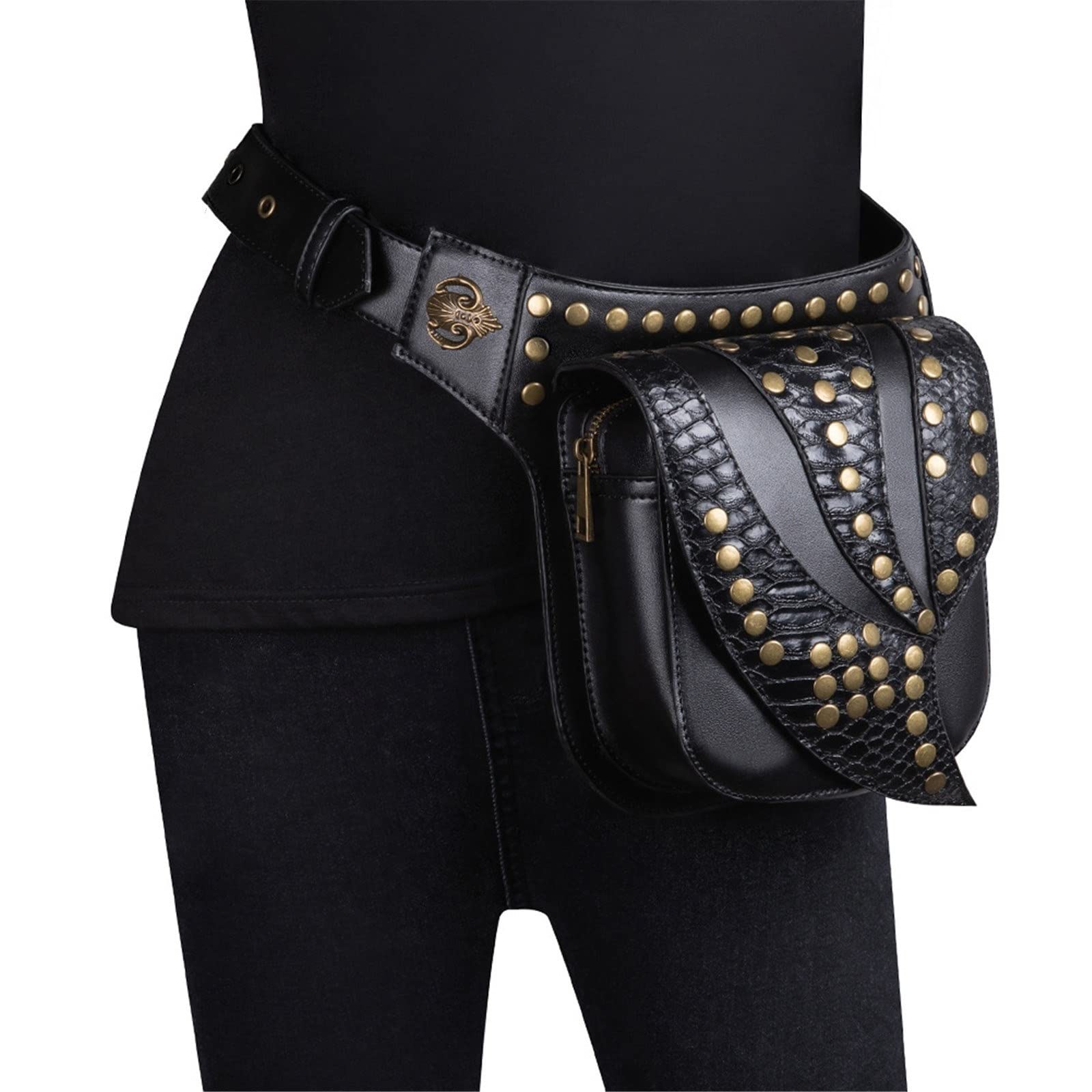 Steampunk nerka damska torba na klatkę piersiową z nitami punkowymi podwodnymi w stylu vintage, Czarny, As shown