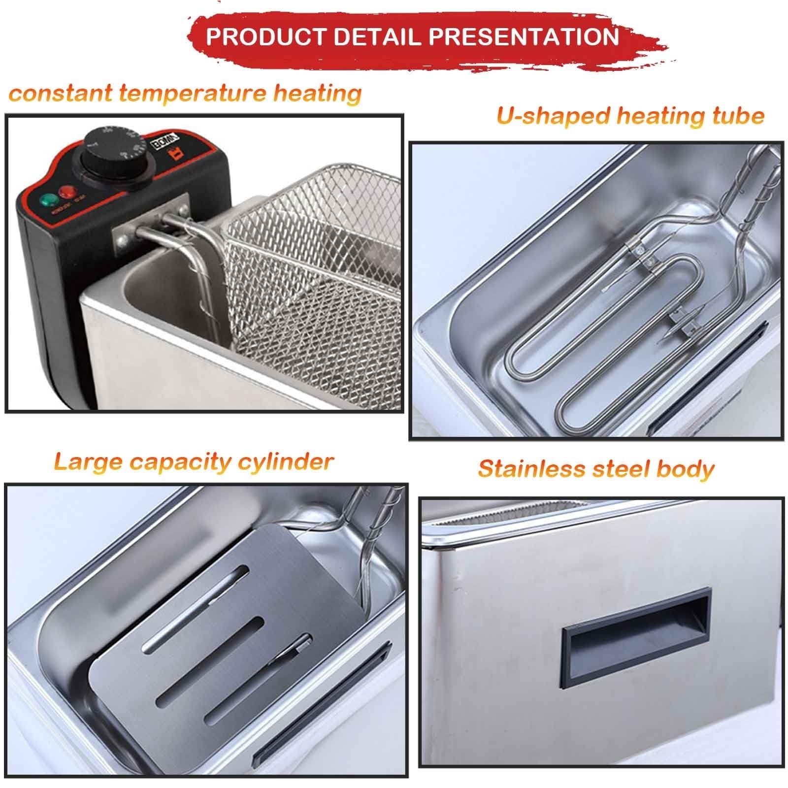 Friggitrice Elettrica ad Olio 3 Litri con Termostato，Domestico Friggitrice Elettrica da Banco，Acciaio Inox 2000W