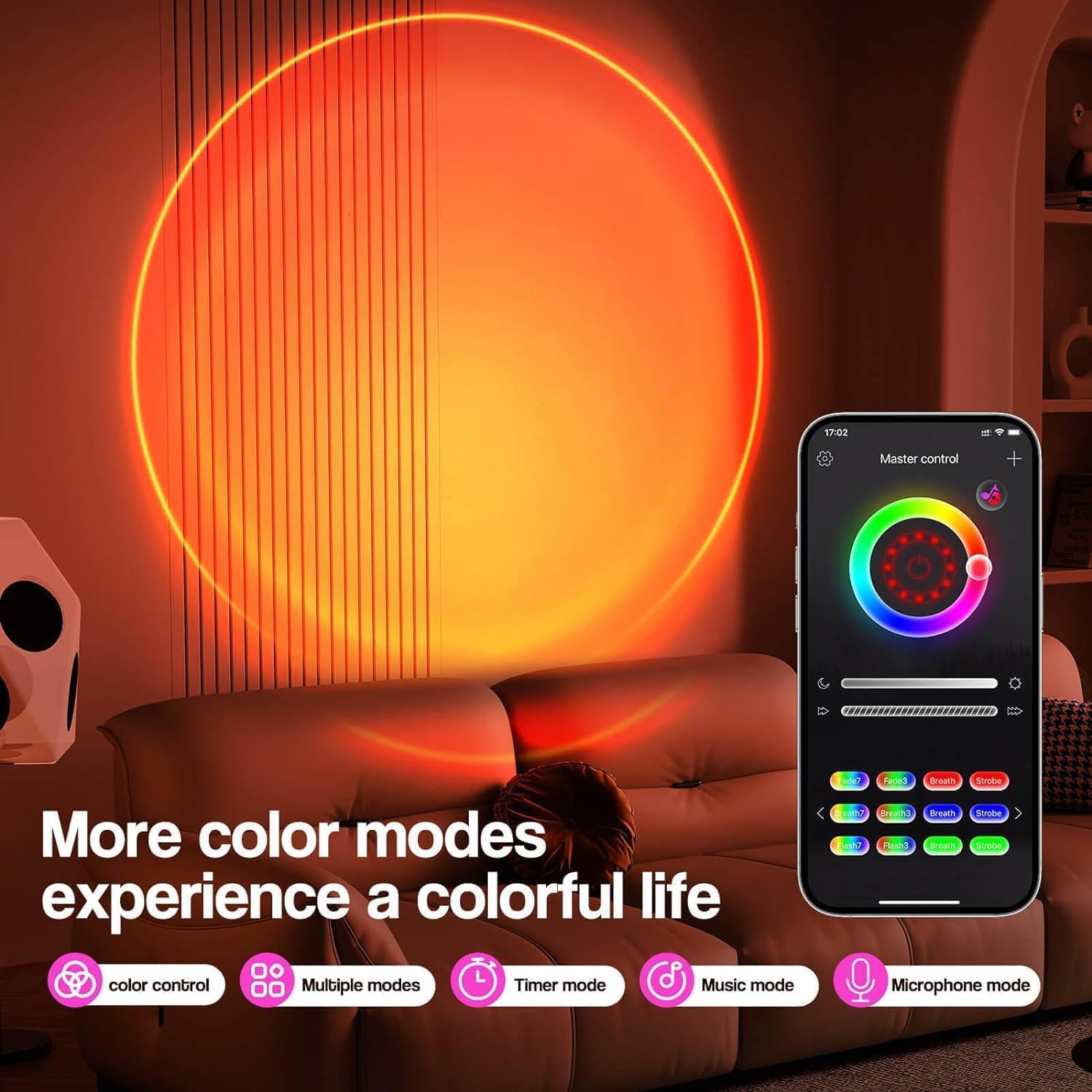 Sonnenuntergangslampe, LED-Sonnenuntergang-Licht, 16 Farben wechselnde App-Steuerung, Sonnenuntergangslampe, Projektor, Sonnenlicht-Lampe, Regenbogen-Nachtlicht-Projektor für Raumfotografie, Party (16