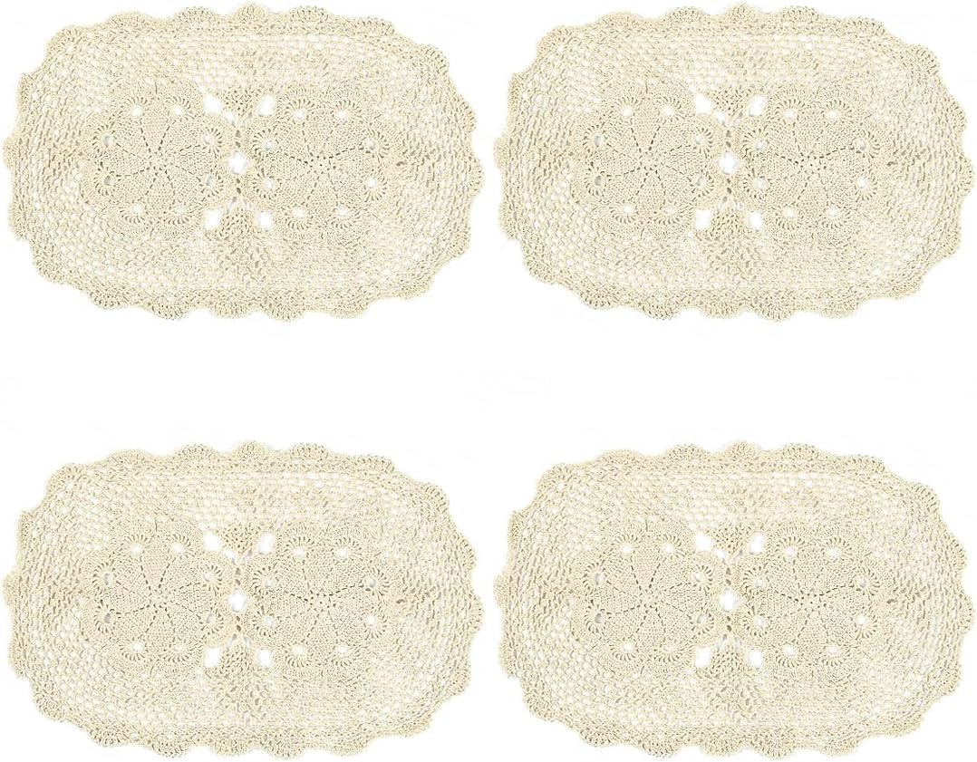 kilofly Crochet Cotton Lace Placemats Doilies 4pc, Oval, Beige, 15 x 23 inch