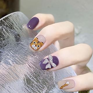 Vezocim Press on Nails Short Square Shapes 24Pcs Glossy Full Cover Artificial Purple Fake Nails with Tiger Alloy Bow Designs Reusable Acrylic Coffin Short False Nails Glue on Fingernails for Women