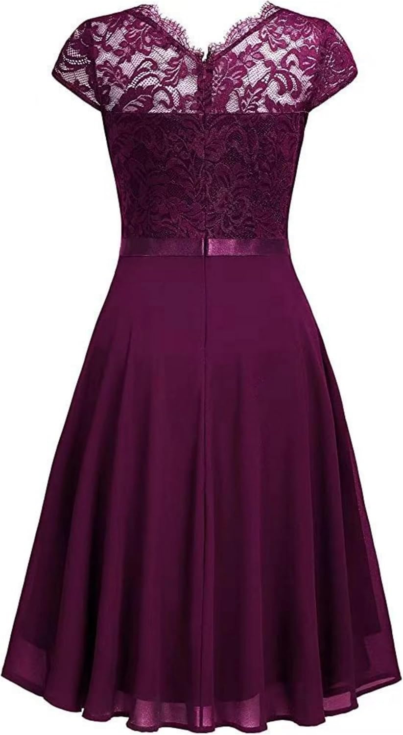 Women's Lace Cocktail Dresses A-Line Ruffle Wedding Guest Dress