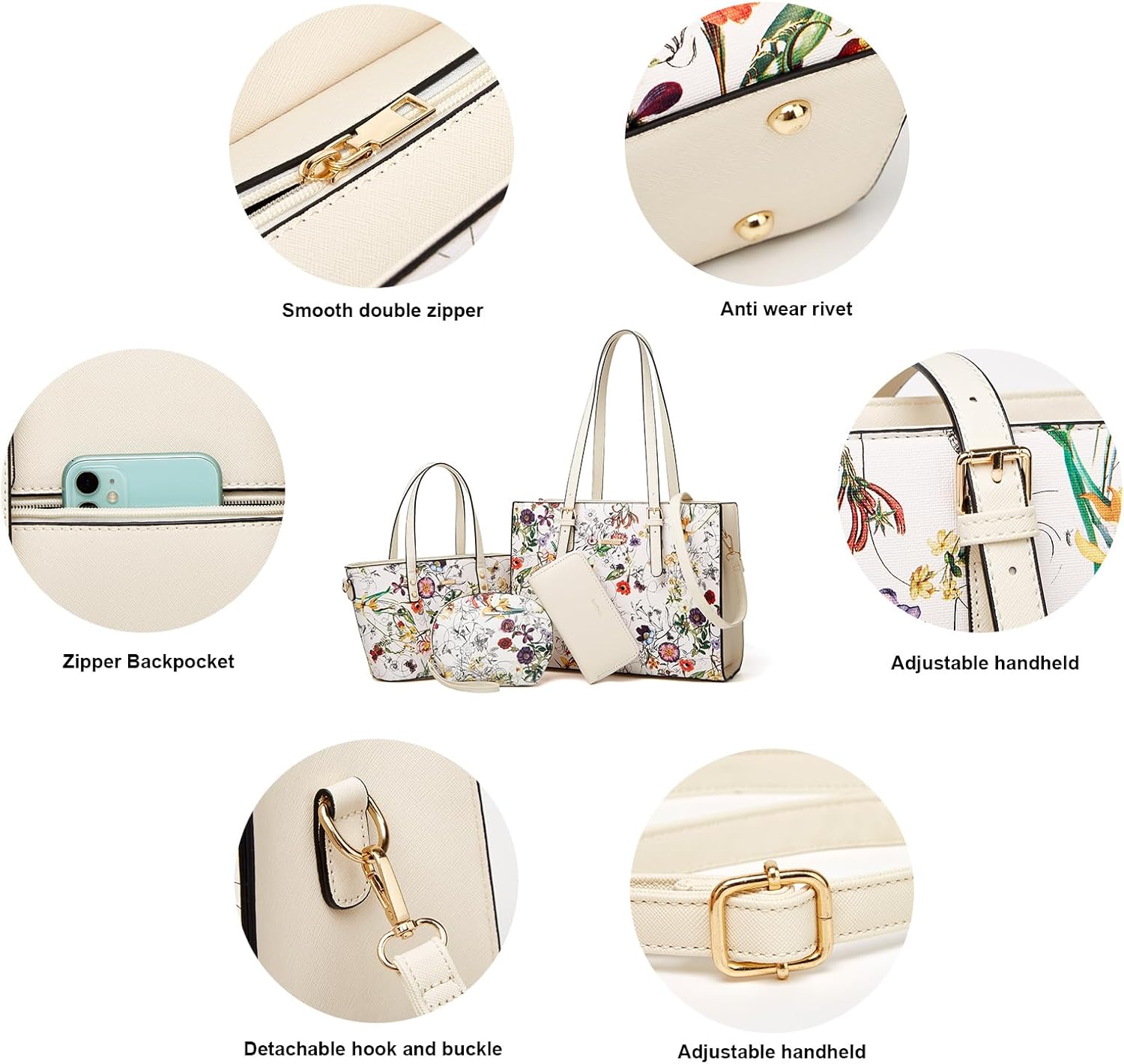 Women Fashion Synthetic Leather Handbags Tote Bag Shoulder Bag Top Handle Satchel Purse Set 4pcs - Image 3