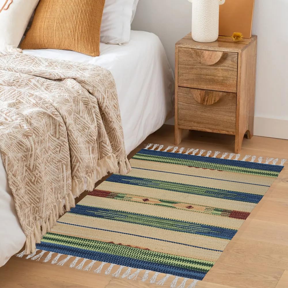 Tappeto bagno cucina camera da letto cotone art.kilim con frange lavabile in lavatrice fantasia etnico colorato (100x150 cm, Disegno 5- Fiori)