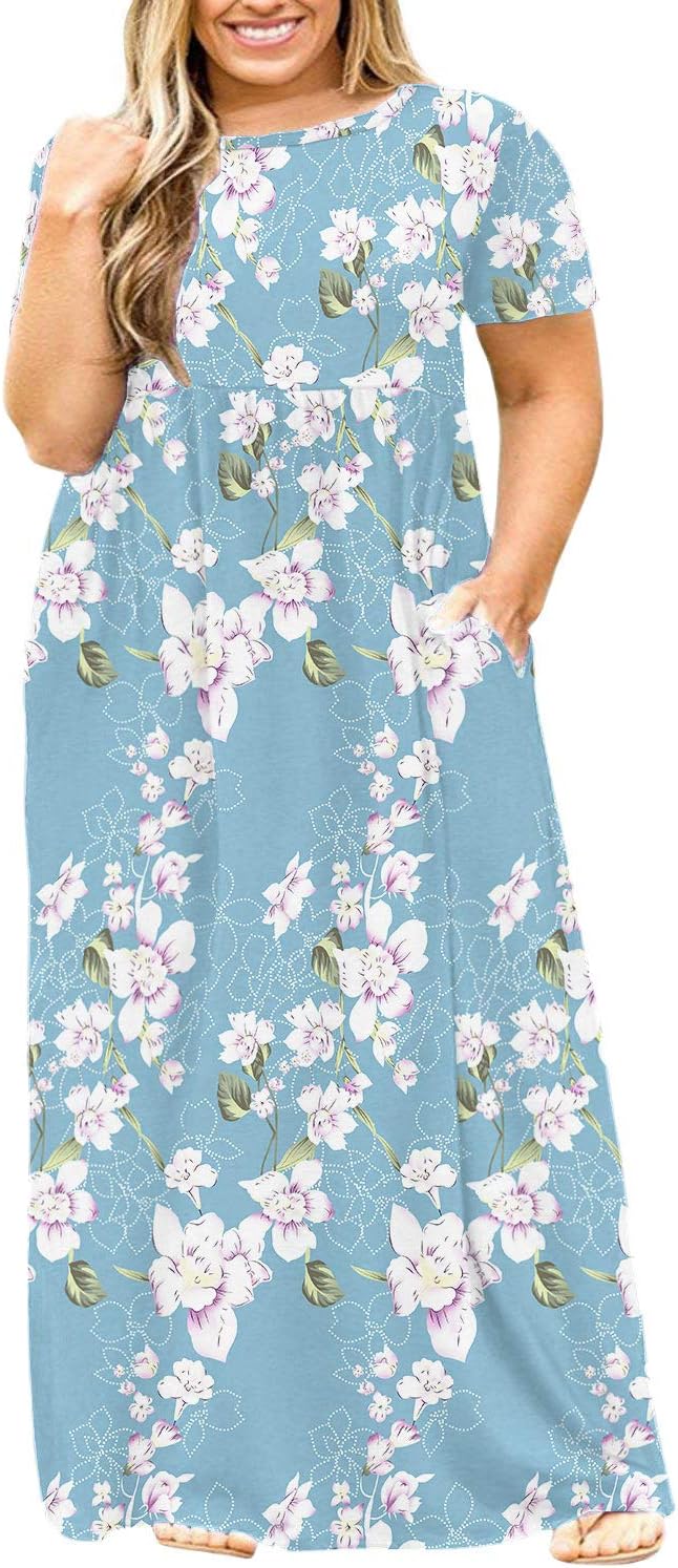 POSESHEWomen's Plus Size Tunic Swing T-Shirt Dress Short Sleeve Maxi Dress with Pockets